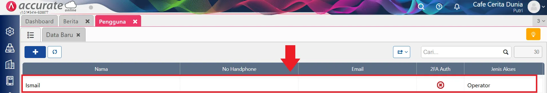 menu tidak tampil di Data Usaha operator
